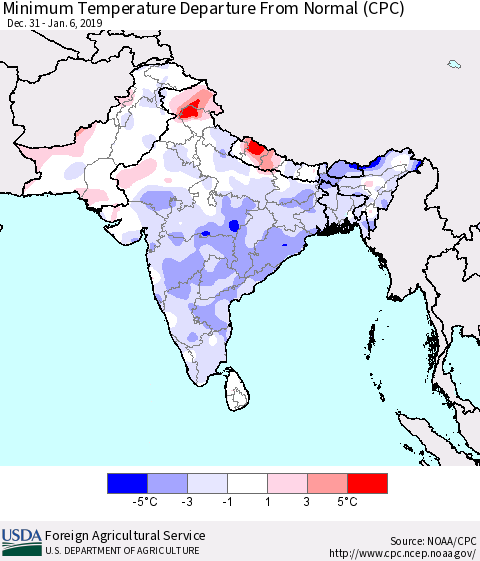 Southern Asia Mean Minimum Temperature Departure from Normal (CPC) Thematic Map For 12/31/2018 - 1/6/2019