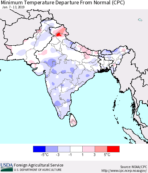 Southern Asia Mean Minimum Temperature Departure from Normal (CPC) Thematic Map For 1/7/2019 - 1/13/2019