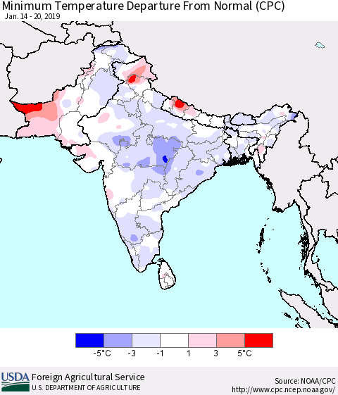 Southern Asia Mean Minimum Temperature Departure from Normal (CPC) Thematic Map For 1/14/2019 - 1/20/2019