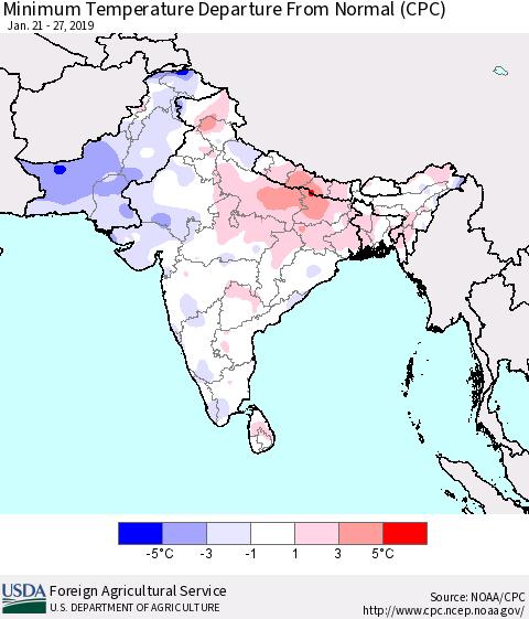 Southern Asia Mean Minimum Temperature Departure from Normal (CPC) Thematic Map For 1/21/2019 - 1/27/2019