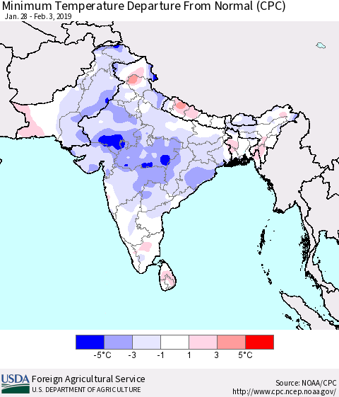 Southern Asia Mean Minimum Temperature Departure from Normal (CPC) Thematic Map For 1/28/2019 - 2/3/2019