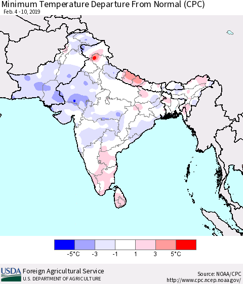 Southern Asia Mean Minimum Temperature Departure from Normal (CPC) Thematic Map For 2/4/2019 - 2/10/2019