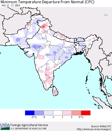 Southern Asia Mean Minimum Temperature Departure from Normal (CPC) Thematic Map For 2/11/2019 - 2/17/2019