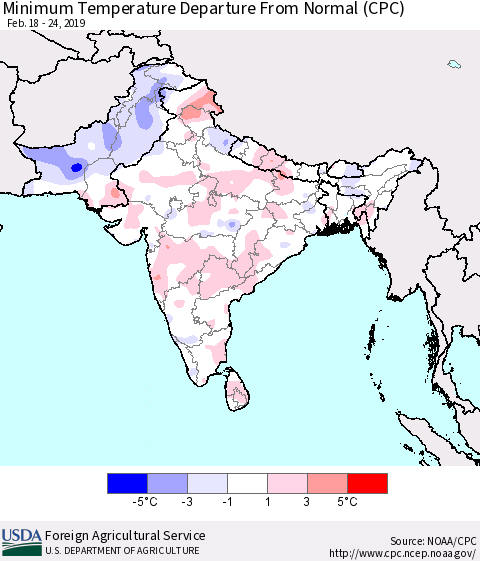 Southern Asia Mean Minimum Temperature Departure from Normal (CPC) Thematic Map For 2/18/2019 - 2/24/2019