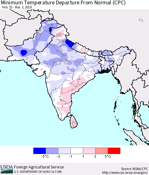 Southern Asia Mean Minimum Temperature Departure from Normal (CPC) Thematic Map For 2/25/2019 - 3/3/2019