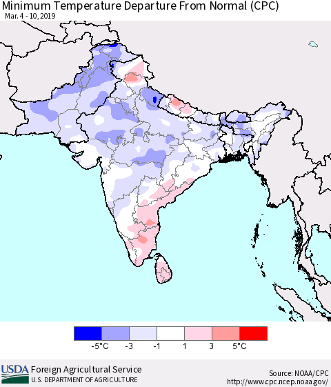 Southern Asia Mean Minimum Temperature Departure from Normal (CPC) Thematic Map For 3/4/2019 - 3/10/2019