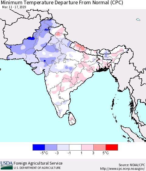Southern Asia Mean Minimum Temperature Departure from Normal (CPC) Thematic Map For 3/11/2019 - 3/17/2019