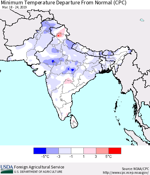 Southern Asia Mean Minimum Temperature Departure from Normal (CPC) Thematic Map For 3/18/2019 - 3/24/2019
