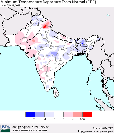Southern Asia Mean Minimum Temperature Departure from Normal (CPC) Thematic Map For 3/25/2019 - 3/31/2019