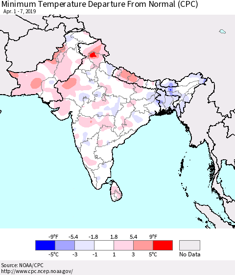 Southern Asia Mean Minimum Temperature Departure from Normal (CPC) Thematic Map For 4/1/2019 - 4/7/2019