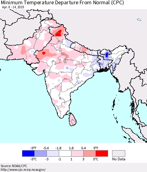 Southern Asia Mean Minimum Temperature Departure from Normal (CPC) Thematic Map For 4/8/2019 - 4/14/2019