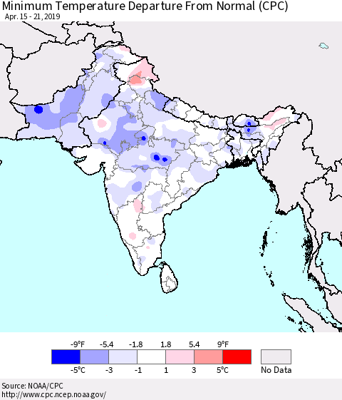 Southern Asia Mean Minimum Temperature Departure from Normal (CPC) Thematic Map For 4/15/2019 - 4/21/2019