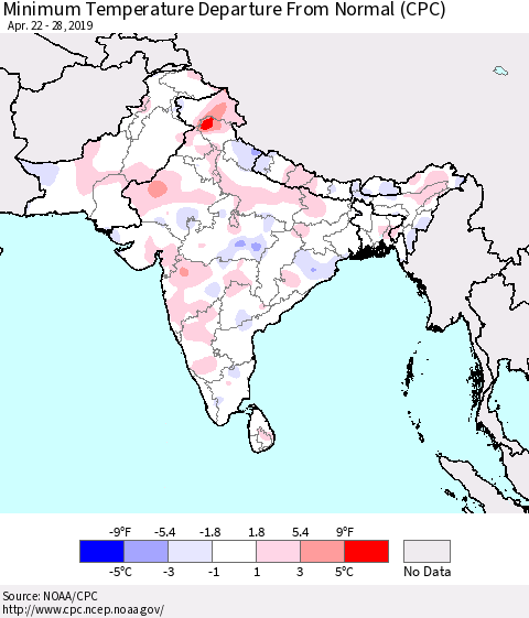 Southern Asia Mean Minimum Temperature Departure from Normal (CPC) Thematic Map For 4/22/2019 - 4/28/2019