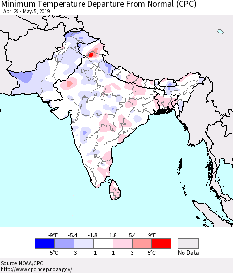 Southern Asia Mean Minimum Temperature Departure from Normal (CPC) Thematic Map For 4/29/2019 - 5/5/2019