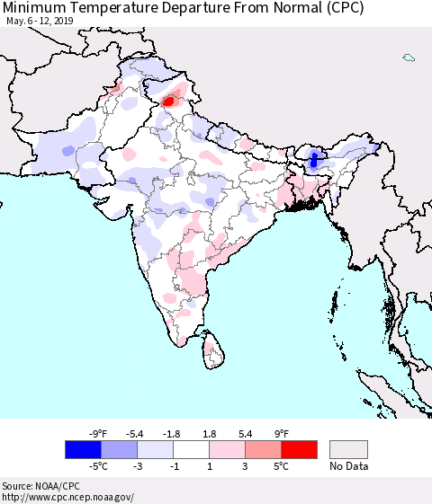 Southern Asia Minimum Temperature Departure From Normal (CPC) Thematic Map For 5/6/2019 - 5/12/2019
