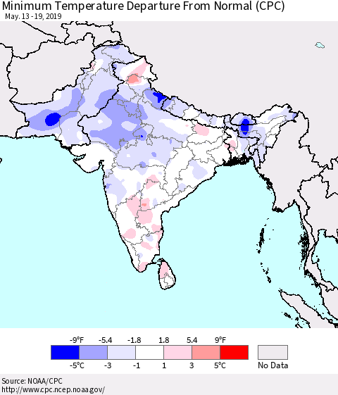 Southern Asia Minimum Temperature Departure From Normal (CPC) Thematic Map For 5/13/2019 - 5/19/2019