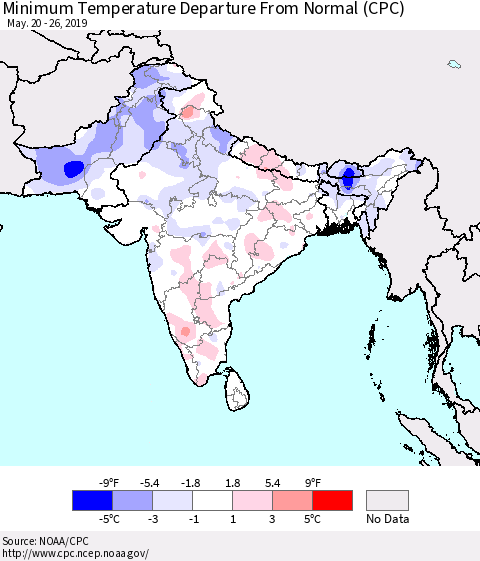Southern Asia Minimum Temperature Departure From Normal (CPC) Thematic Map For 5/20/2019 - 5/26/2019