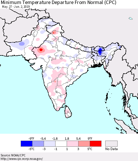 Southern Asia Mean Minimum Temperature Departure from Normal (CPC) Thematic Map For 5/27/2019 - 6/2/2019