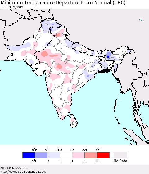 Southern Asia Minimum Temperature Departure From Normal (CPC) Thematic Map For 6/3/2019 - 6/9/2019
