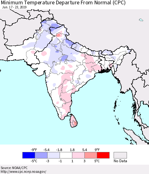Southern Asia Mean Minimum Temperature Departure from Normal (CPC) Thematic Map For 6/17/2019 - 6/23/2019