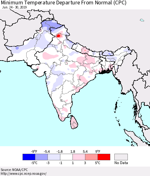 Southern Asia Mean Minimum Temperature Departure from Normal (CPC) Thematic Map For 6/24/2019 - 6/30/2019
