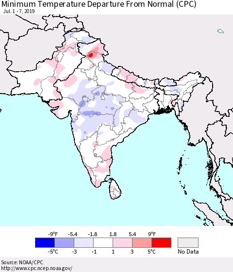 Southern Asia Minimum Temperature Departure From Normal (CPC) Thematic Map For 7/1/2019 - 7/7/2019