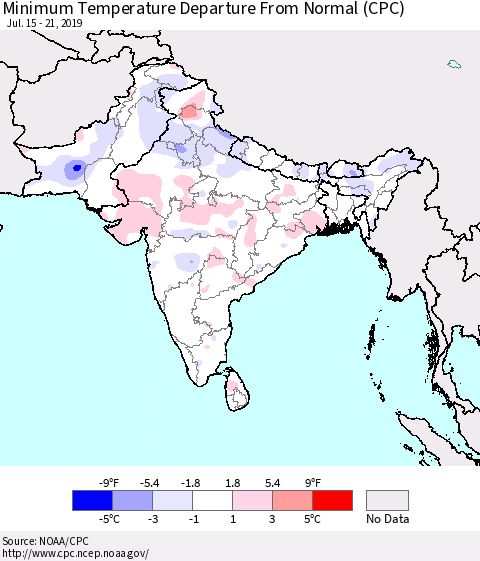Southern Asia Minimum Temperature Departure From Normal (CPC) Thematic Map For 7/15/2019 - 7/21/2019