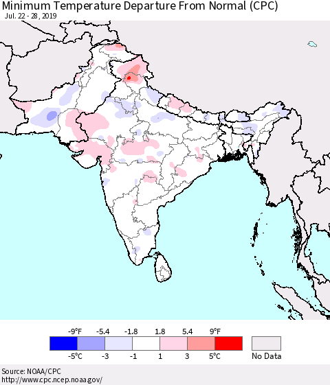 Southern Asia Minimum Temperature Departure From Normal (CPC) Thematic Map For 7/22/2019 - 7/28/2019