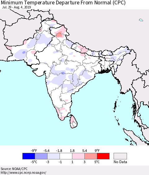 Southern Asia Minimum Temperature Departure From Normal (CPC) Thematic Map For 7/29/2019 - 8/4/2019