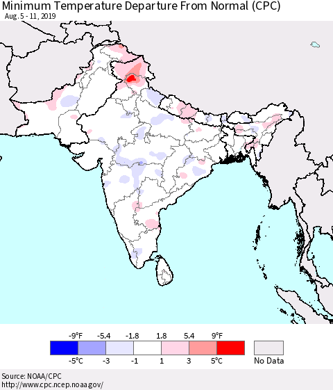 Southern Asia Minimum Temperature Departure From Normal (CPC) Thematic Map For 8/5/2019 - 8/11/2019