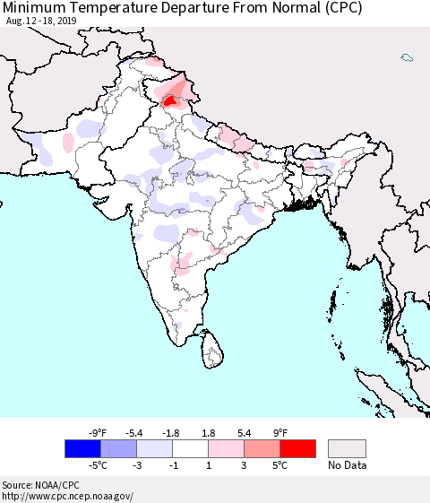 Southern Asia Mean Minimum Temperature Departure from Normal (CPC) Thematic Map For 8/12/2019 - 8/18/2019