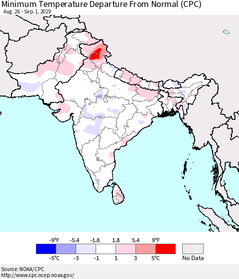 Southern Asia Mean Minimum Temperature Departure from Normal (CPC) Thematic Map For 8/26/2019 - 9/1/2019