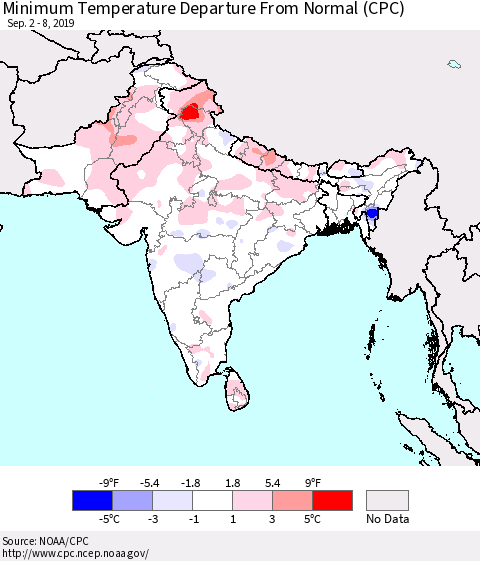 Southern Asia Minimum Temperature Departure From Normal (CPC) Thematic Map For 9/2/2019 - 9/8/2019