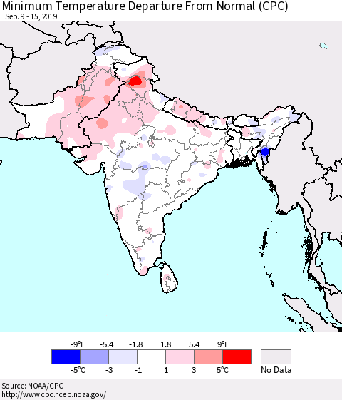 Southern Asia Minimum Temperature Departure From Normal (CPC) Thematic Map For 9/9/2019 - 9/15/2019