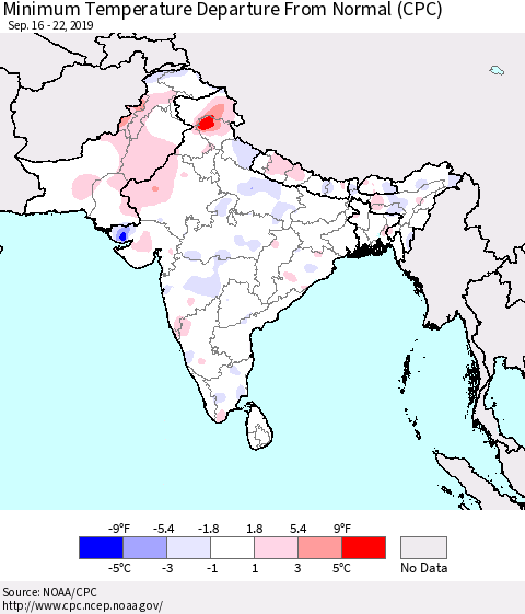 Southern Asia Minimum Temperature Departure From Normal (CPC) Thematic Map For 9/16/2019 - 9/22/2019