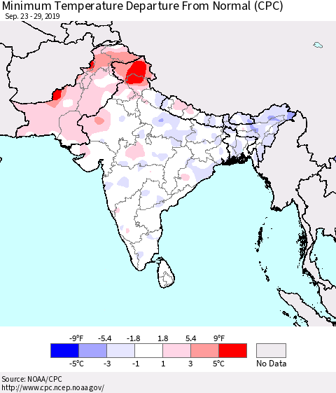 Southern Asia Mean Minimum Temperature Departure from Normal (CPC) Thematic Map For 9/23/2019 - 9/29/2019
