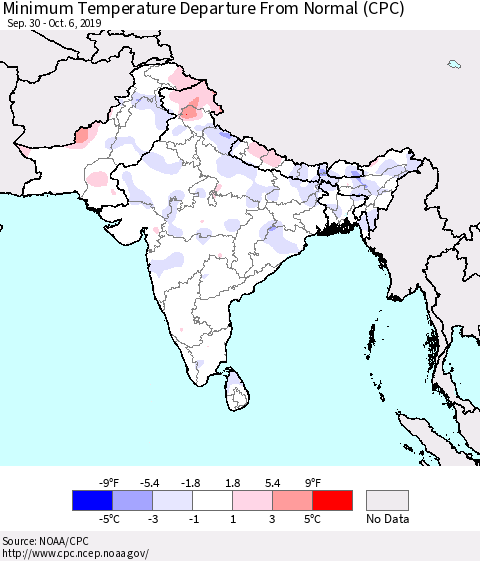 Southern Asia Minimum Temperature Departure From Normal (CPC) Thematic Map For 9/30/2019 - 10/6/2019