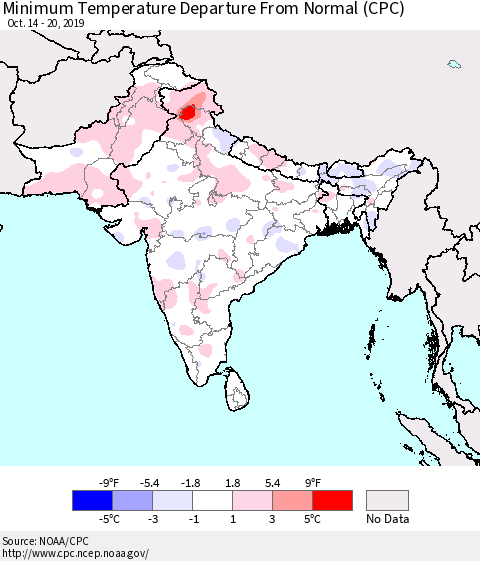 Southern Asia Mean Minimum Temperature Departure from Normal (CPC) Thematic Map For 10/14/2019 - 10/20/2019