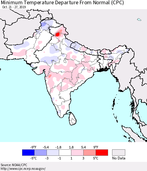 Southern Asia Minimum Temperature Departure From Normal (CPC) Thematic Map For 10/21/2019 - 10/27/2019