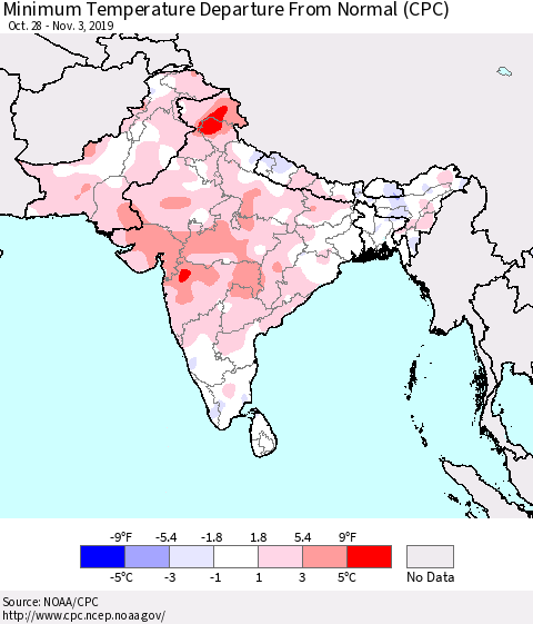 Southern Asia Minimum Temperature Departure From Normal (CPC) Thematic Map For 10/28/2019 - 11/3/2019