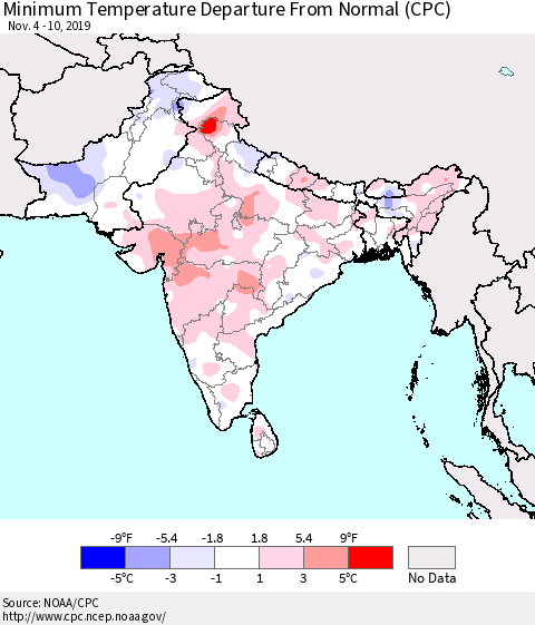 Southern Asia Minimum Temperature Departure From Normal (CPC) Thematic Map For 11/4/2019 - 11/10/2019