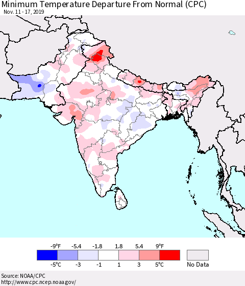 Southern Asia Mean Minimum Temperature Departure from Normal (CPC) Thematic Map For 11/11/2019 - 11/17/2019
