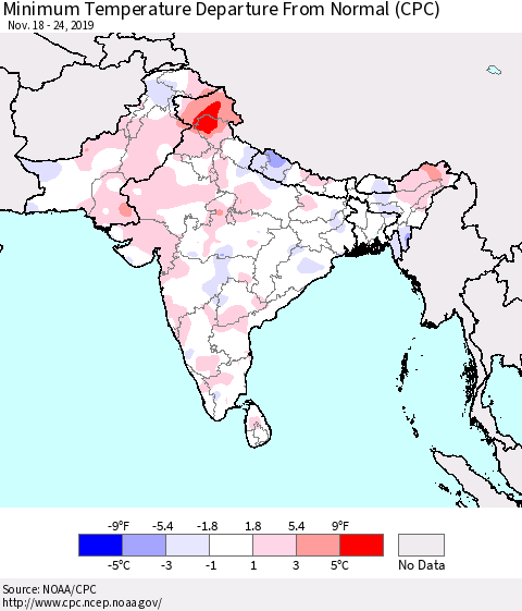 Southern Asia Mean Minimum Temperature Departure from Normal (CPC) Thematic Map For 11/18/2019 - 11/24/2019