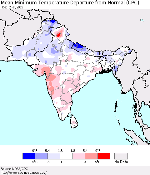 Southern Asia Mean Minimum Temperature Departure from Normal (CPC) Thematic Map For 12/2/2019 - 12/8/2019