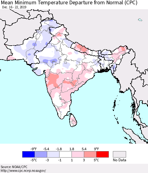 Southern Asia Mean Minimum Temperature Departure from Normal (CPC) Thematic Map For 12/16/2019 - 12/22/2019