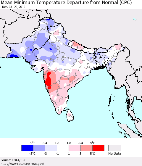 Southern Asia Mean Minimum Temperature Departure from Normal (CPC) Thematic Map For 12/23/2019 - 12/29/2019