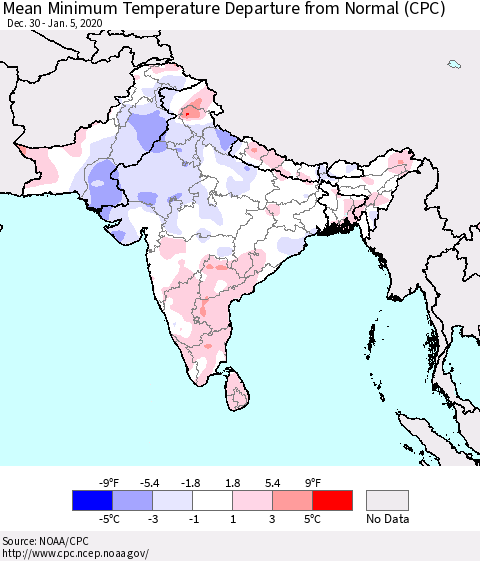 Southern Asia Mean Minimum Temperature Departure from Normal (CPC) Thematic Map For 12/30/2019 - 1/5/2020