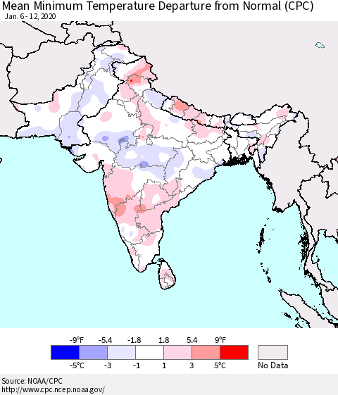 Southern Asia Mean Minimum Temperature Departure from Normal (CPC) Thematic Map For 1/6/2020 - 1/12/2020