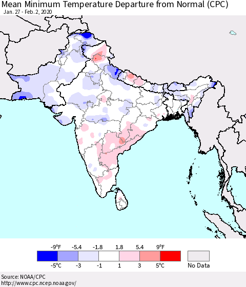 Southern Asia Mean Minimum Temperature Departure from Normal (CPC) Thematic Map For 1/27/2020 - 2/2/2020