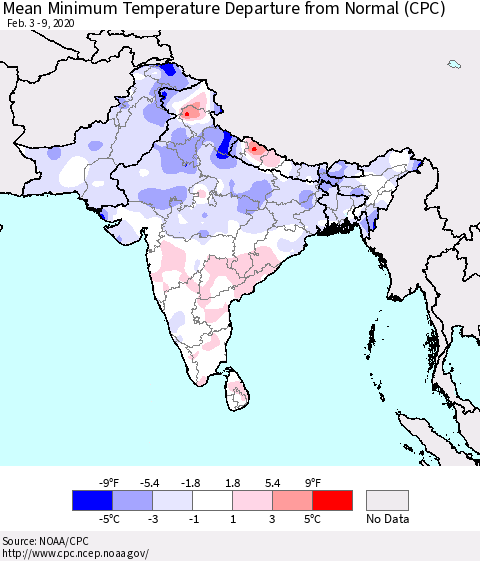 Southern Asia Minimum Temperature Departure From Normal (CPC) Thematic Map For 2/3/2020 - 2/9/2020
